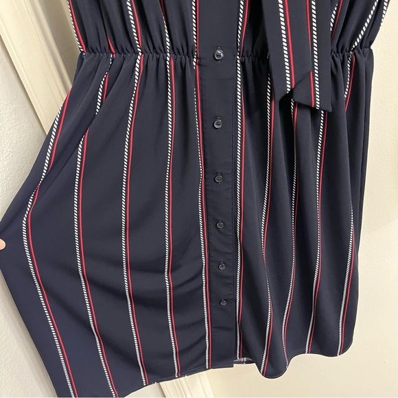 Ann Taylor Tie Neck Button Front Long Sleeve Navy Red Stripe Dress Size Medium - Picture 4 of 9